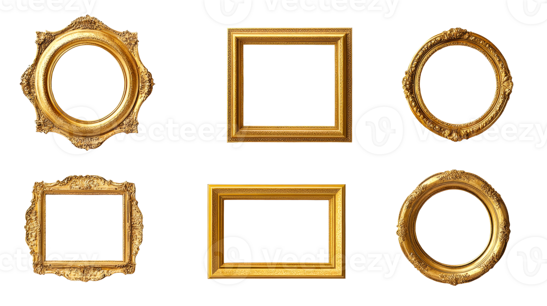 Collection of ornate golden frames of various shapes, cut out transparent png