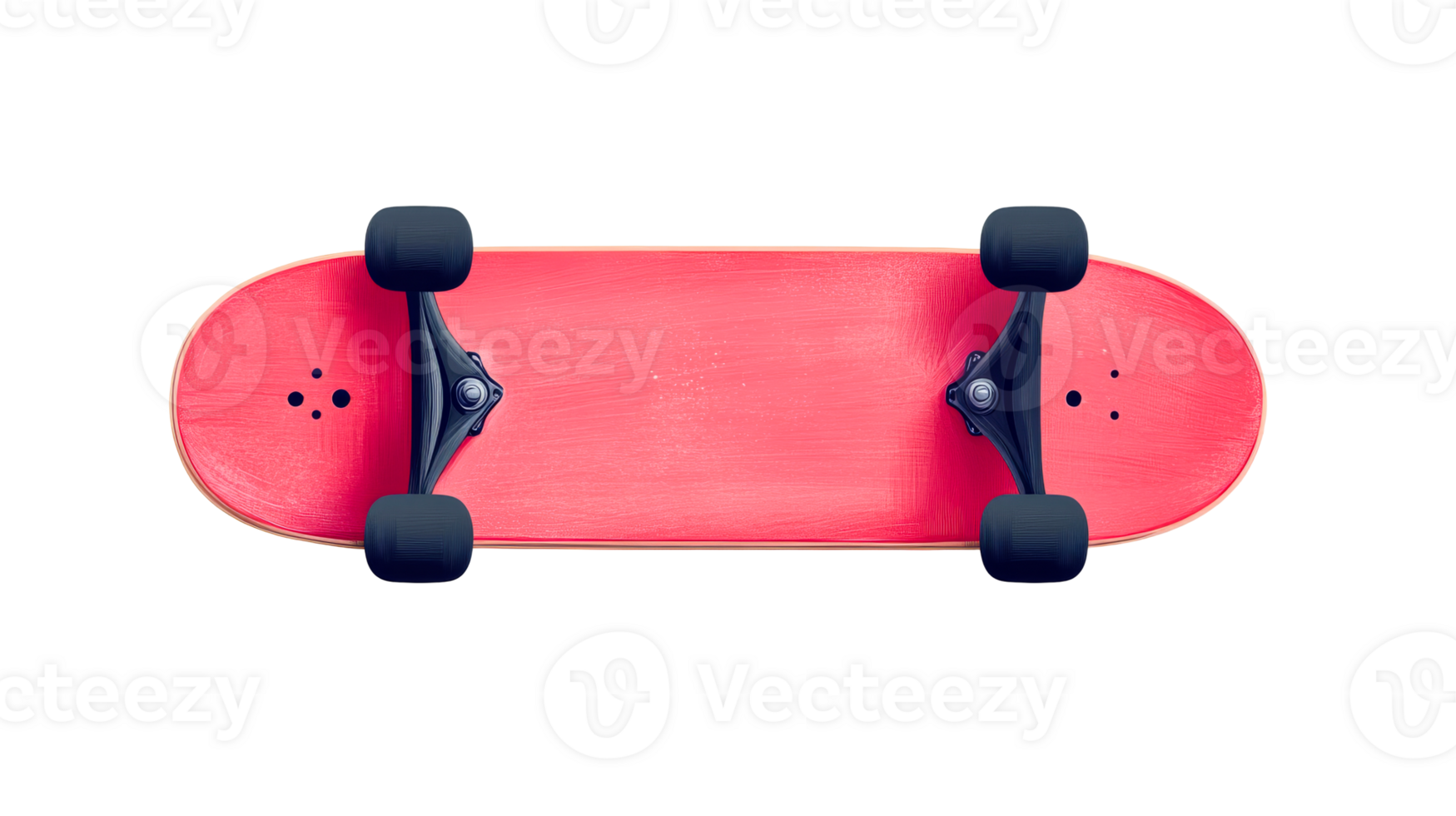 Top-down view of pink skateboard with black wheels, cut out transparent png