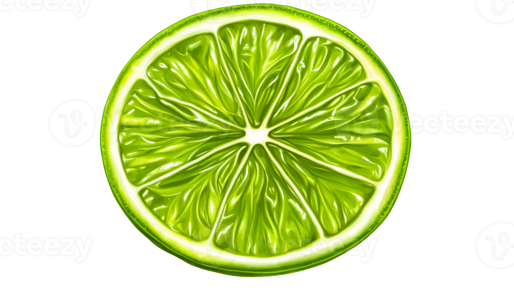 Illustration vibrant green lime slice on black background, cut out transparent png