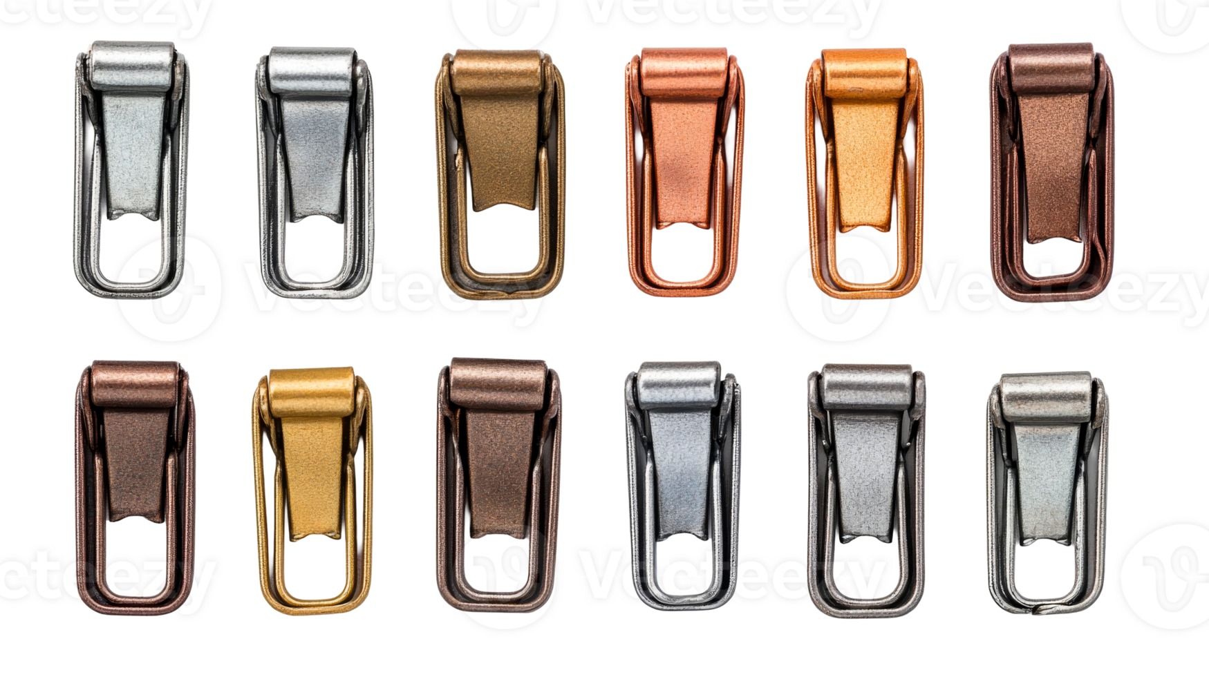 Twelve metal furniture latches in different colors, cut out transparent png
