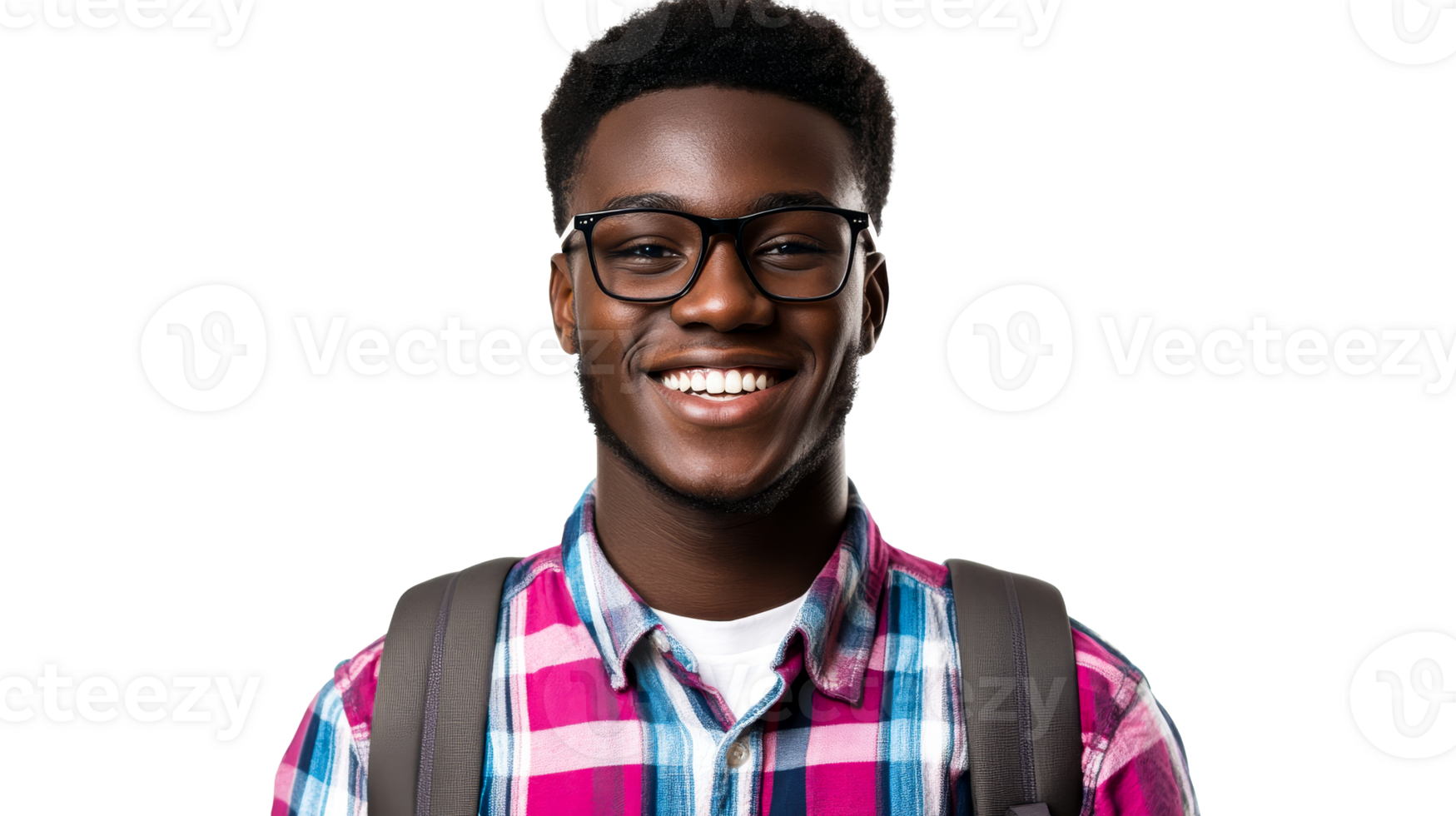 Smiling student with backpack and glasses, transparent background, cut out transparent png