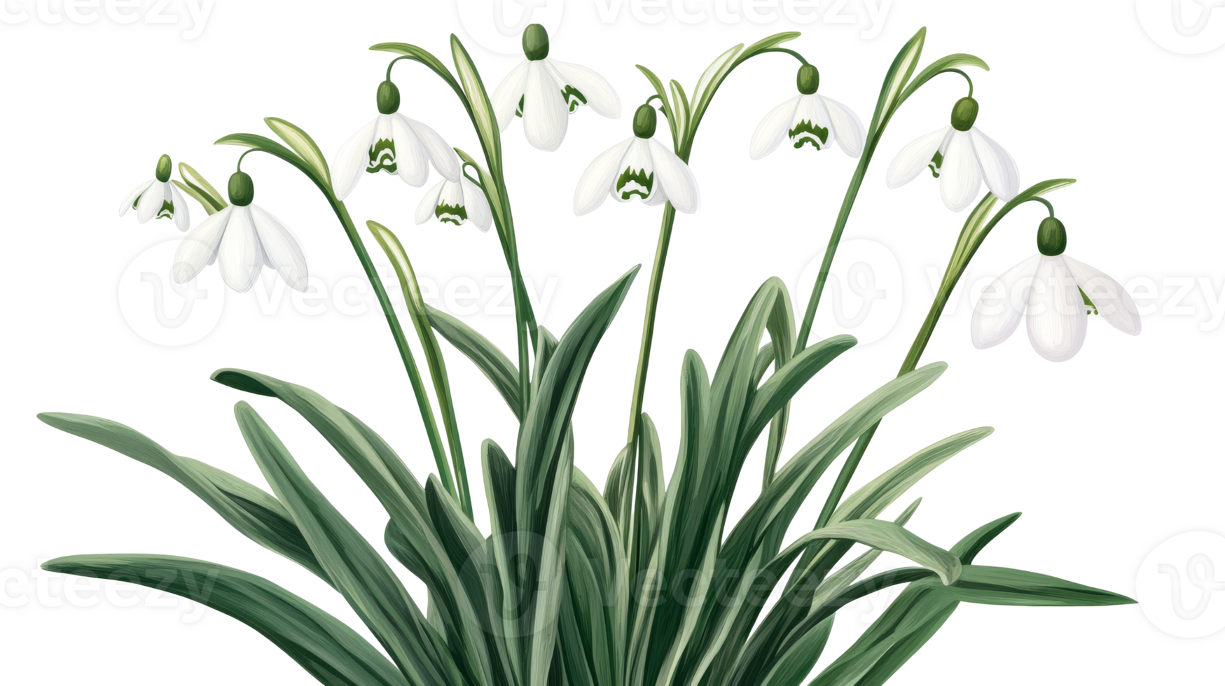 Snowdrops in full bloom on a black background, cut out transparent png