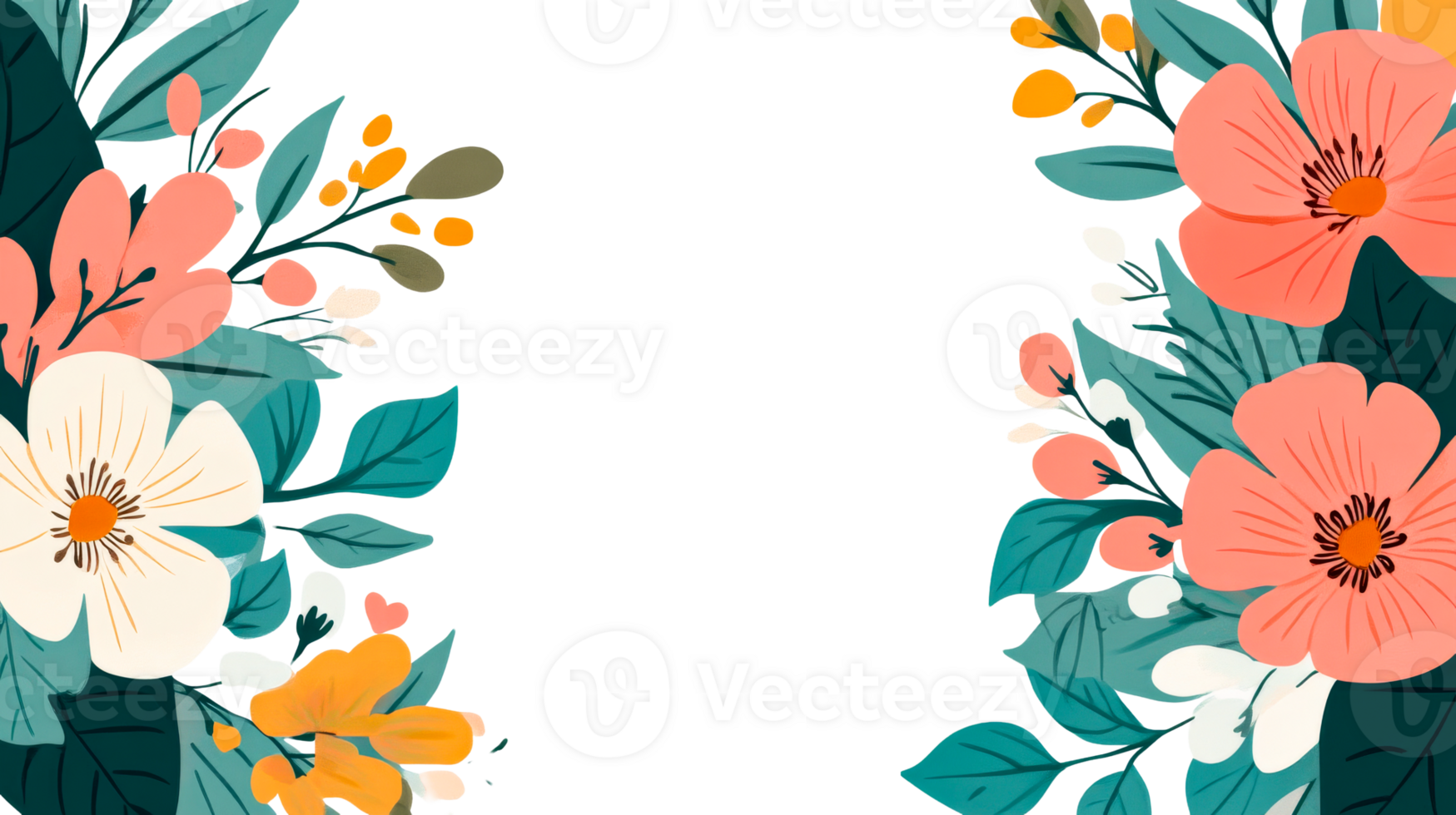 Blooming floral frame design, peach and white flowers, black background, cut out transparent png