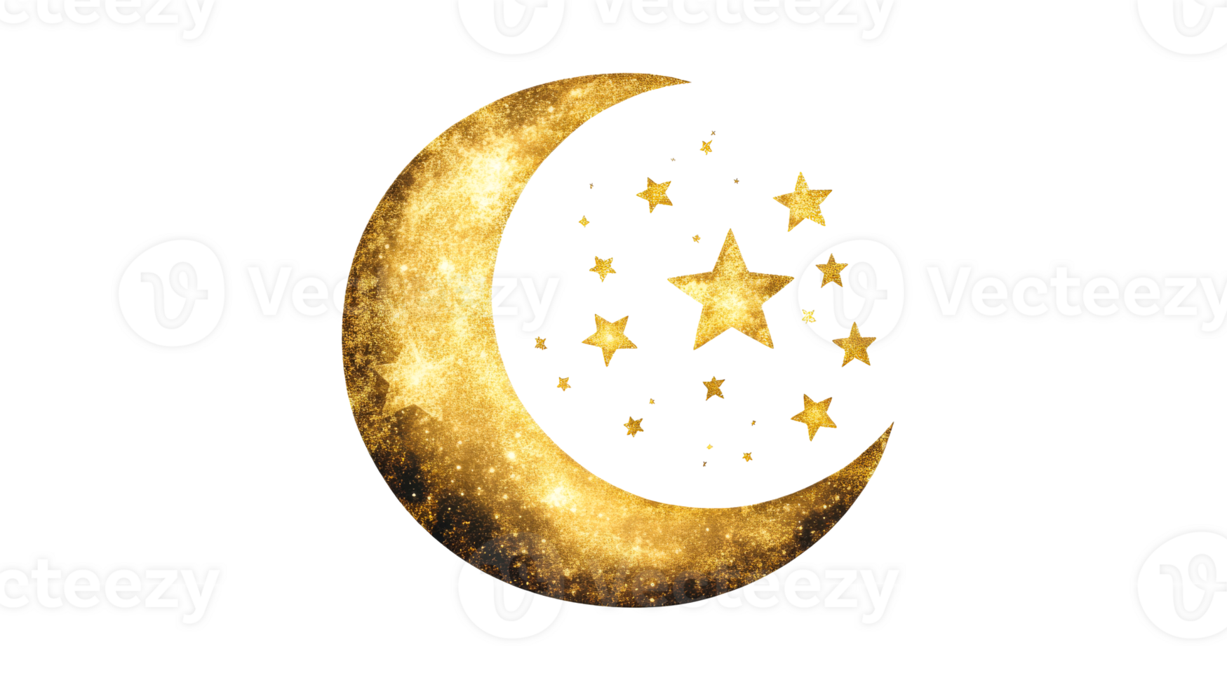 Golden crescent moon and star cluster on black background, cut out transparent png