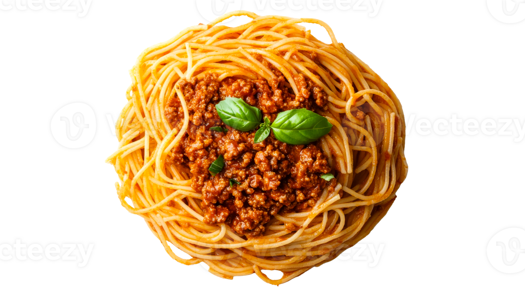 Spaghetti with meat sauce and basil garnish, cut out transparent png