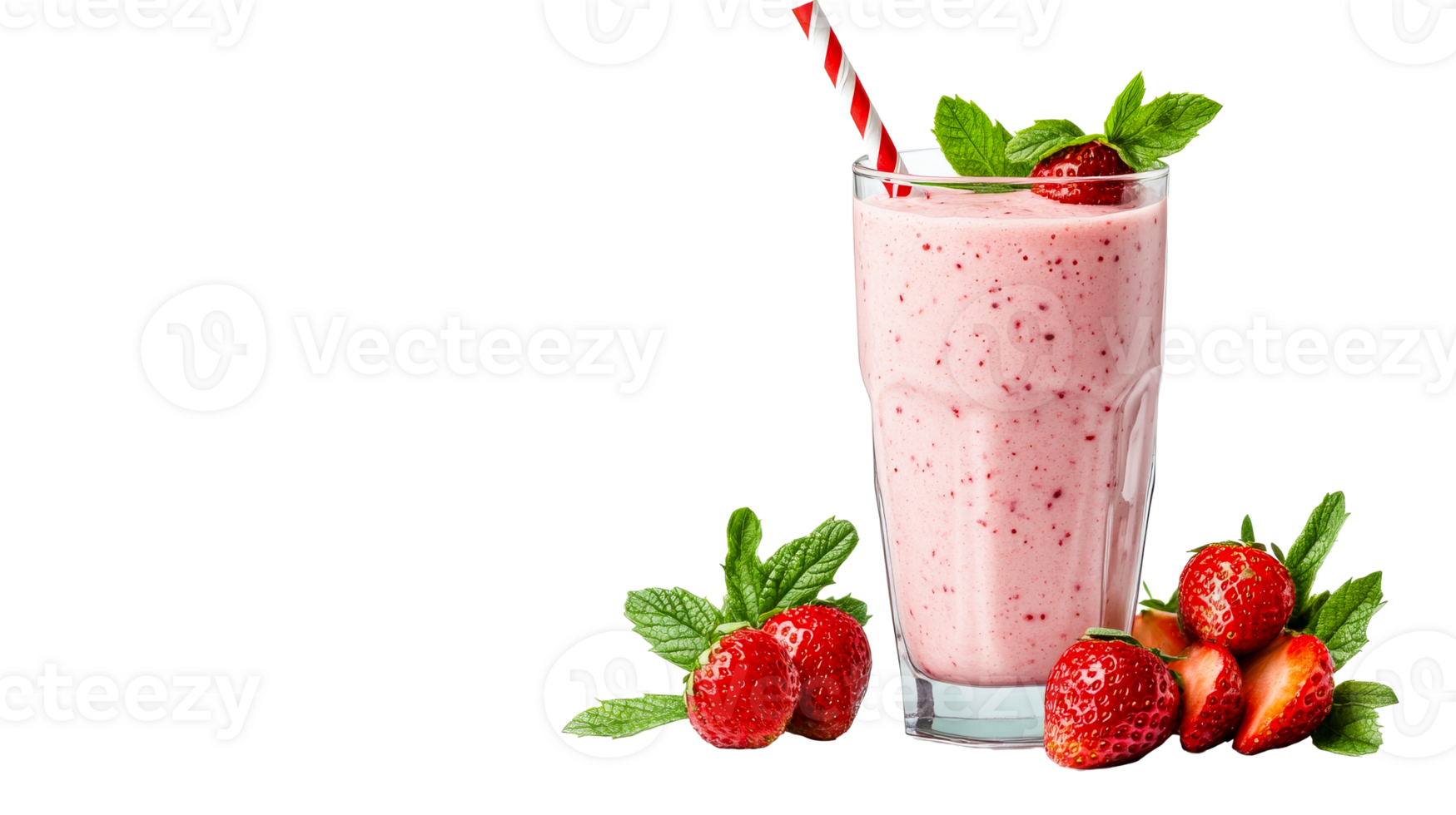 Strawberry smoothie with straw and mint, cut out transparent png