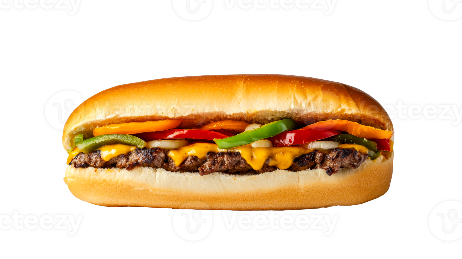 Long burger on bun with vegetables and cheese, cut out transparent png