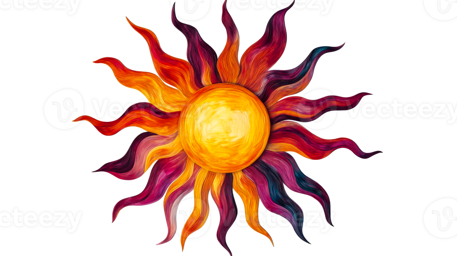 Artistic rendition of a radiant sun with colorful rays, cut out transparent png
