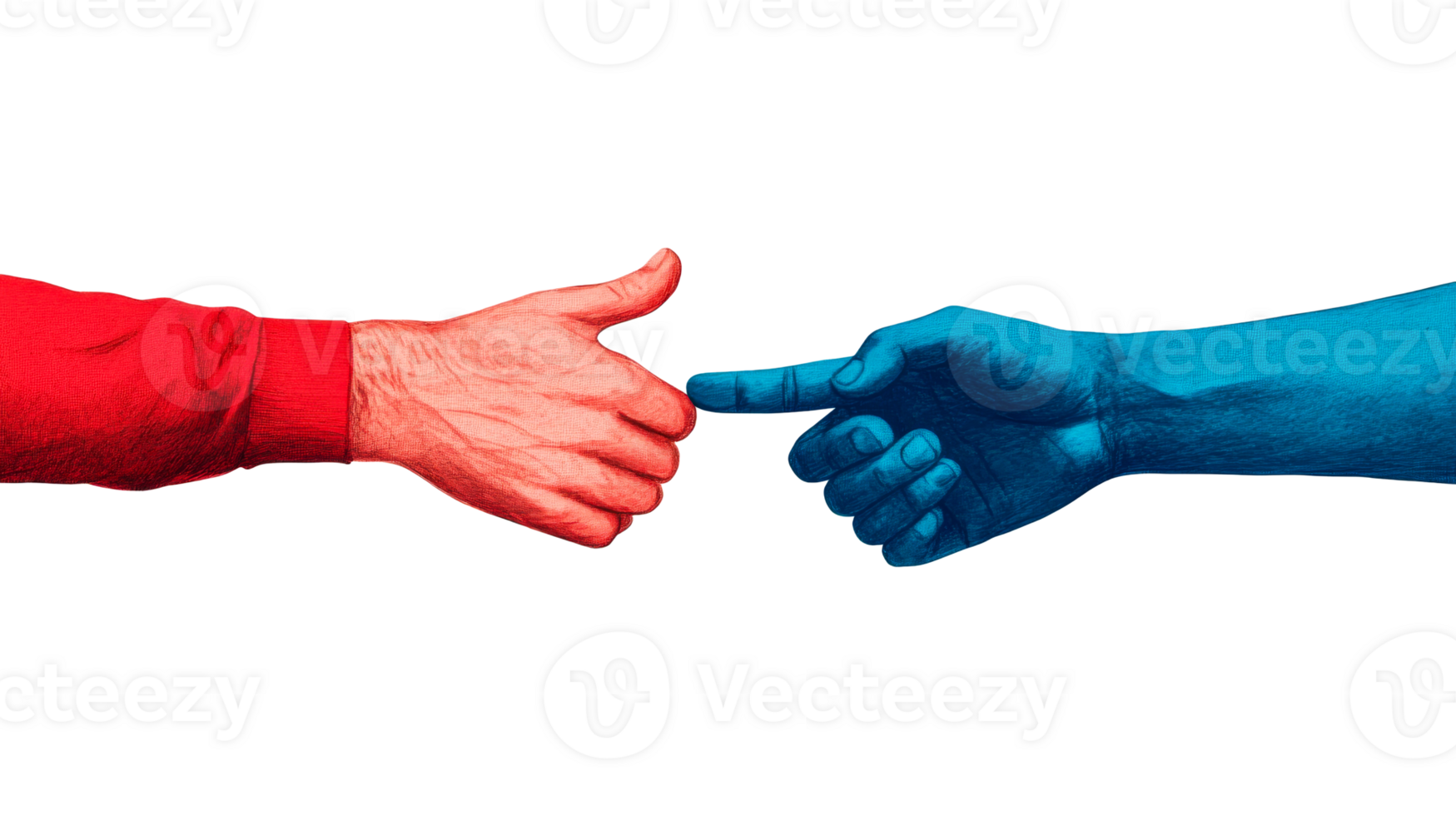 Red hand giving a thumbs up touching blue hand, cut out transparent png