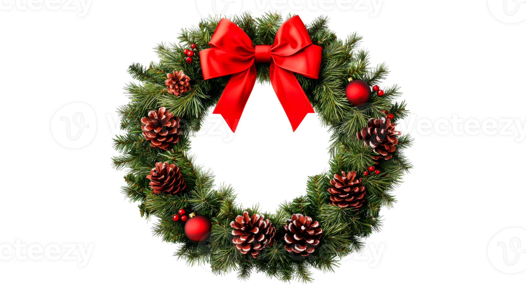 Christmas fir wreath with red bow, pine cones, and ornaments, cut out transparent png