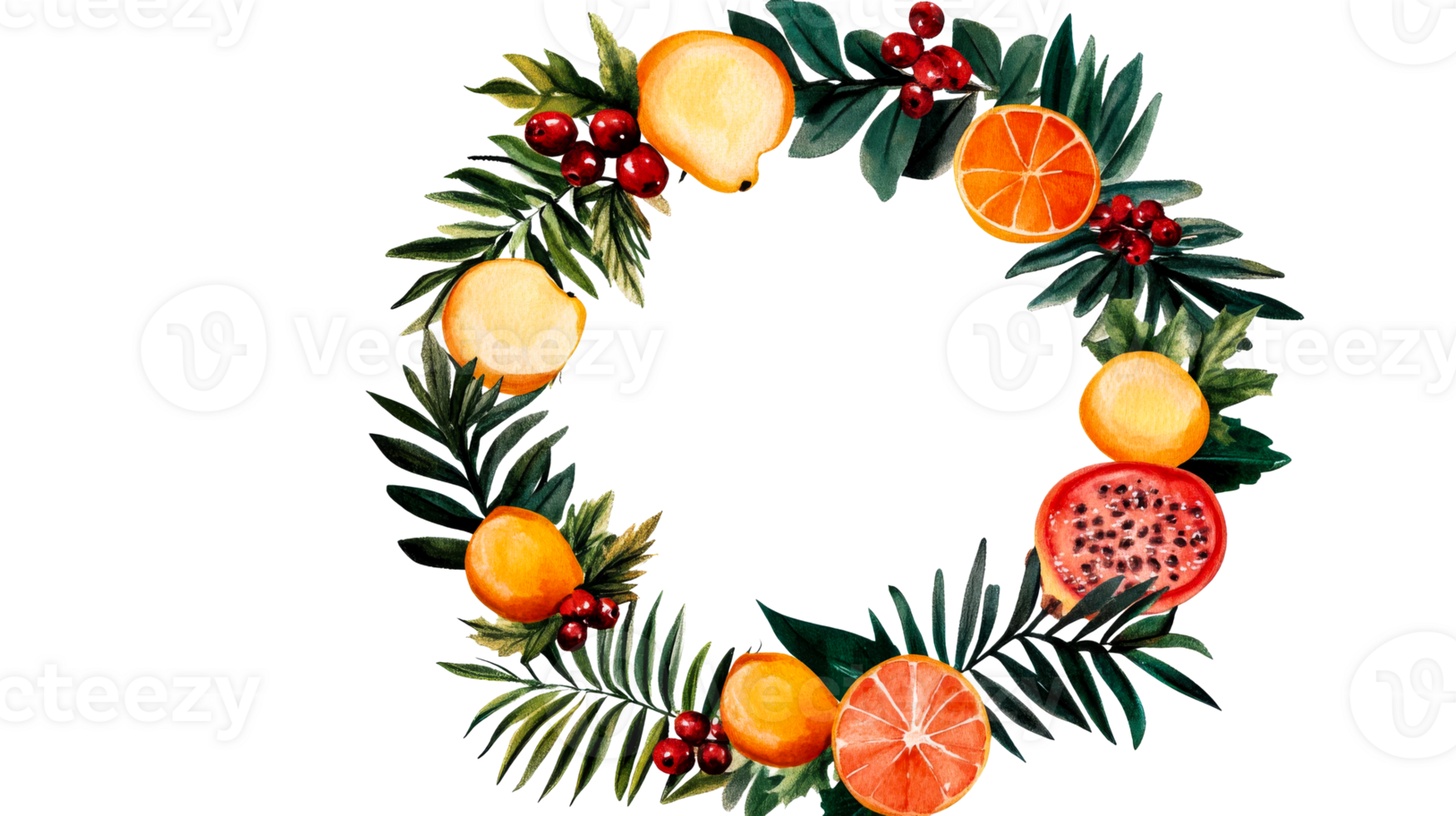 Festive watercolor wreath with fruits and berries, cut out transparent png