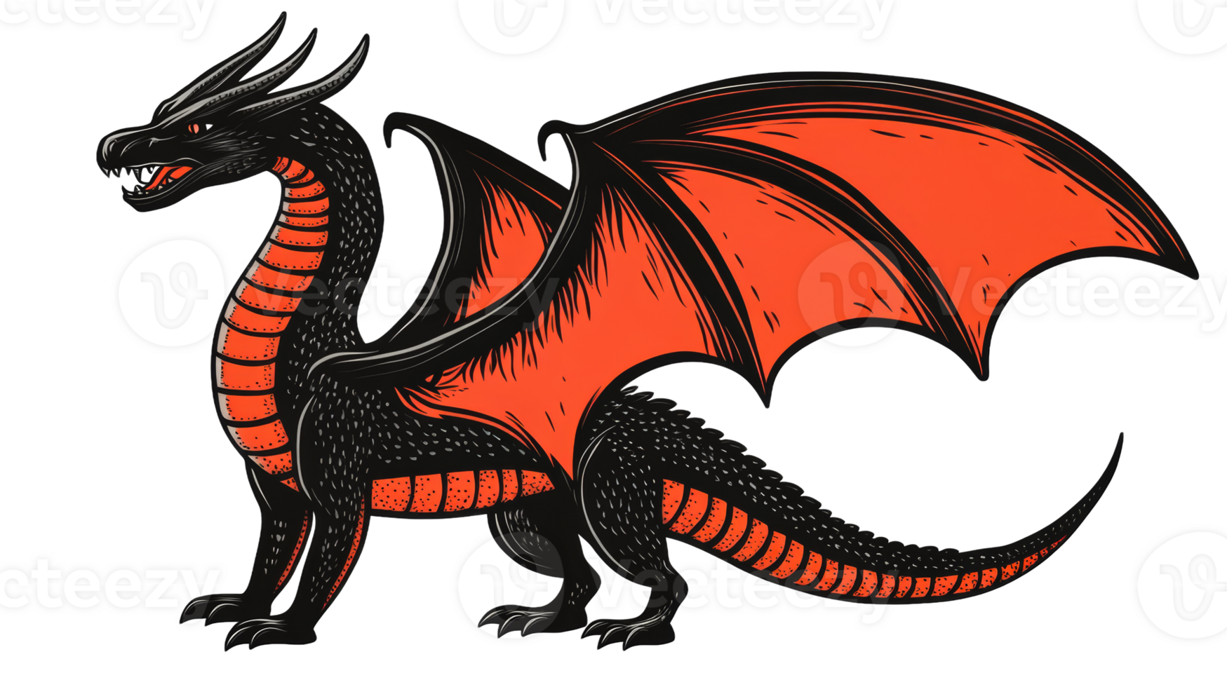 Fierce dragon in black and orange, fantastic beast, mythology, cut out transparent png