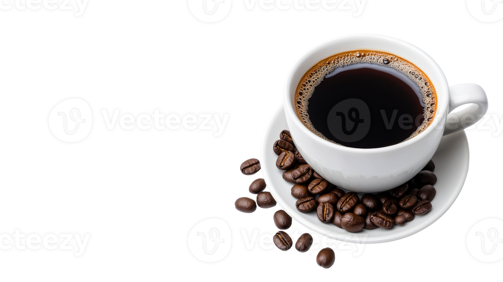 Coffee cup on saucer with coffee beans isolated, cut out transparent png