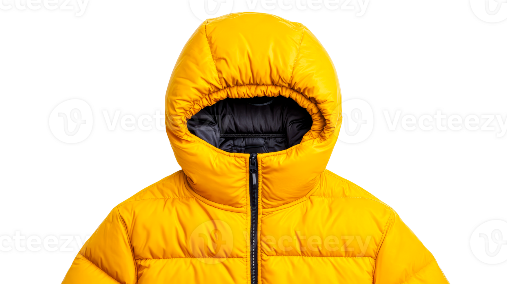 Padded yellow hooded jacket with zipper, isolated, cut out transparent png