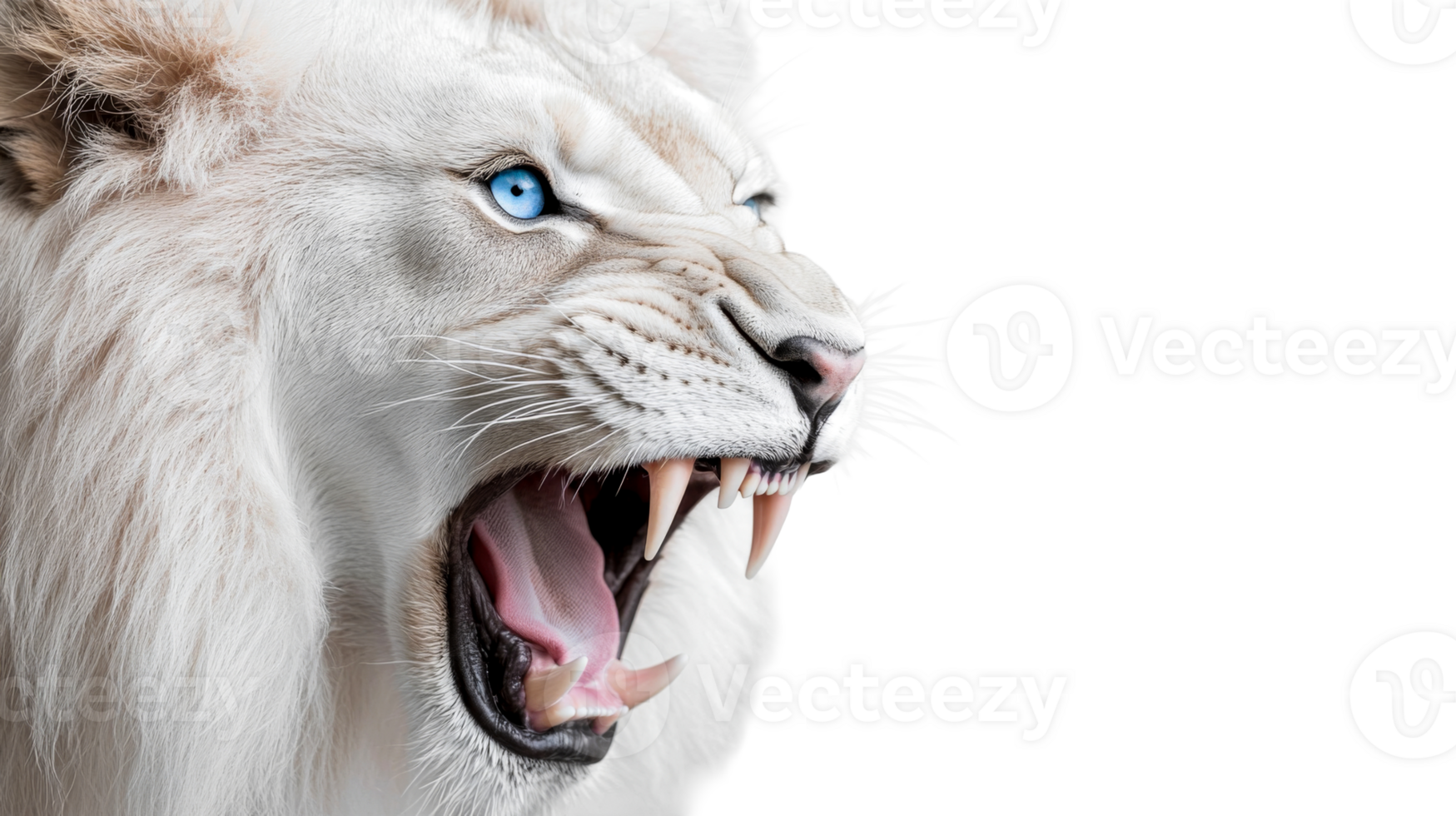 White lion roaring aggressively with blue eyes, cut out transparent png