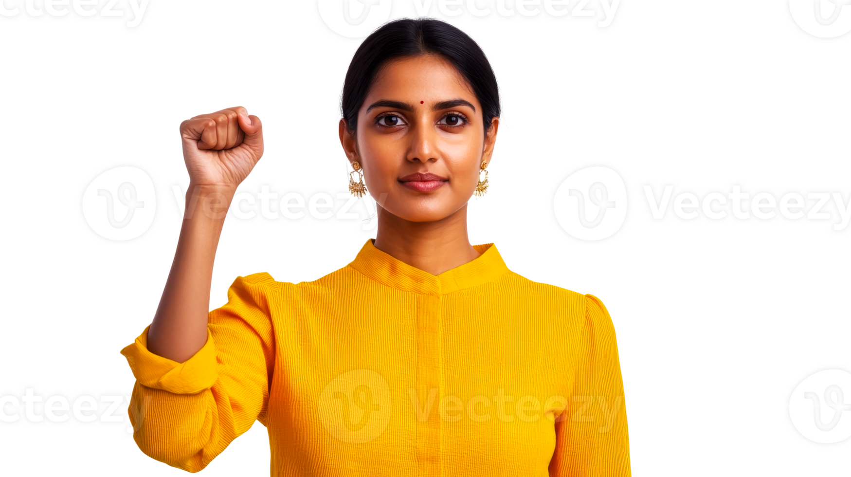 Strong Indian woman raising fist, empowerment concept, cut out transparent png