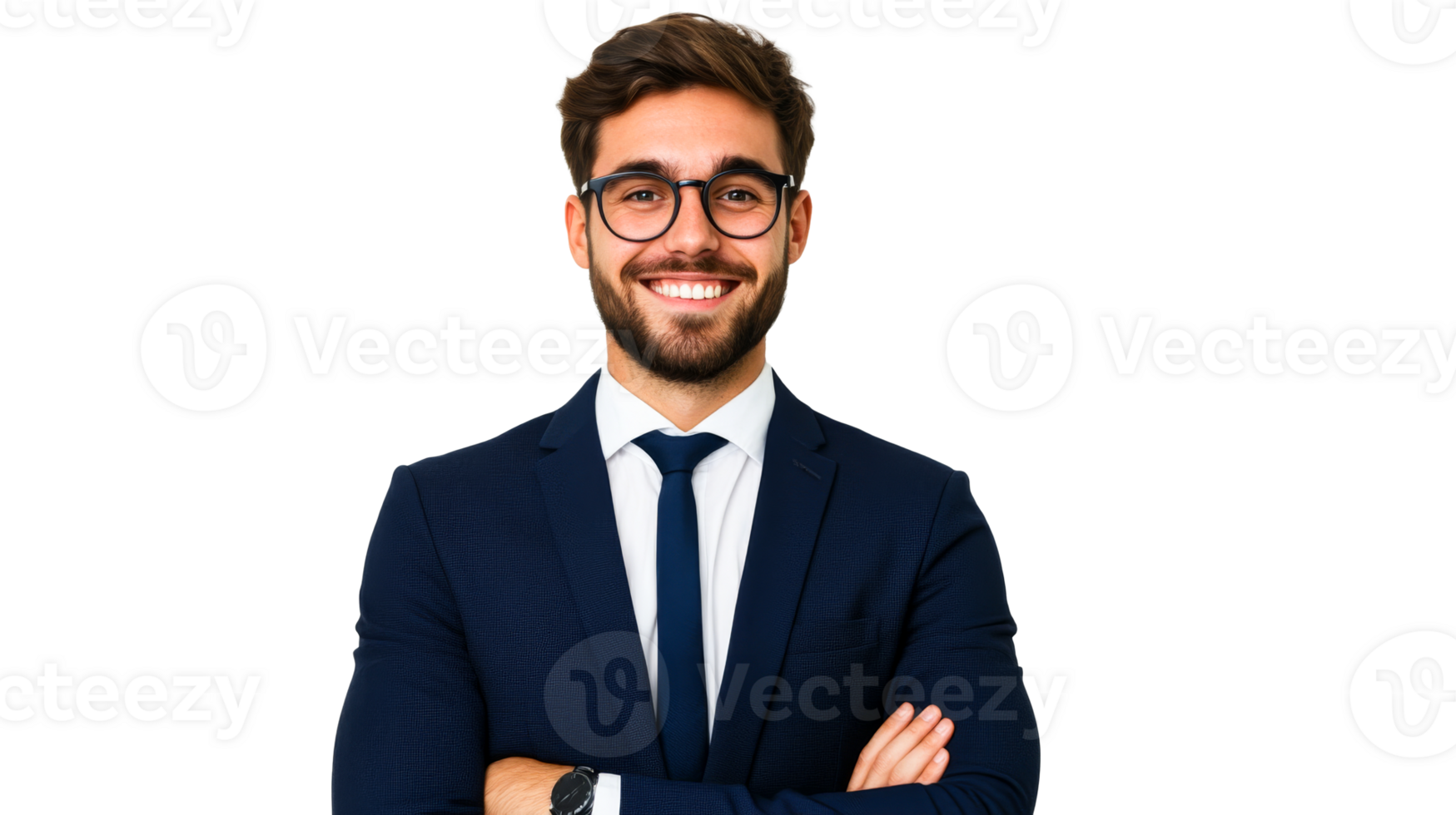 Smiling confident businessman in a suit with crossed arms, cut out transparent png
