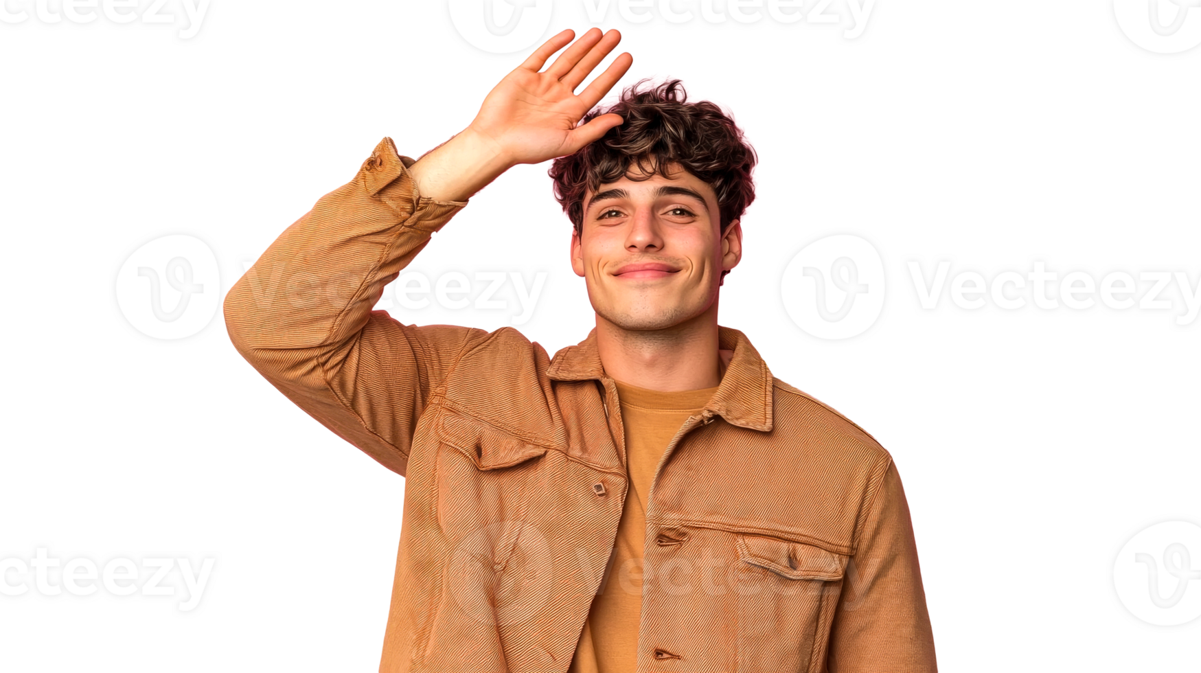 Smiling man in casual wear waving hand, cut out transparent png