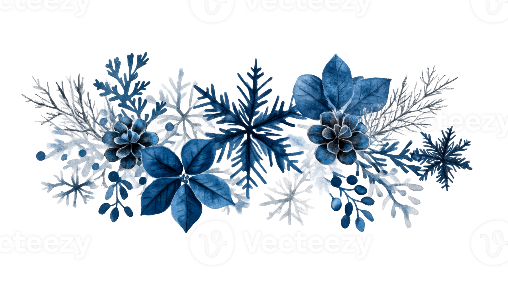 Blue floral arrangement with snowflakes on a transparent background png