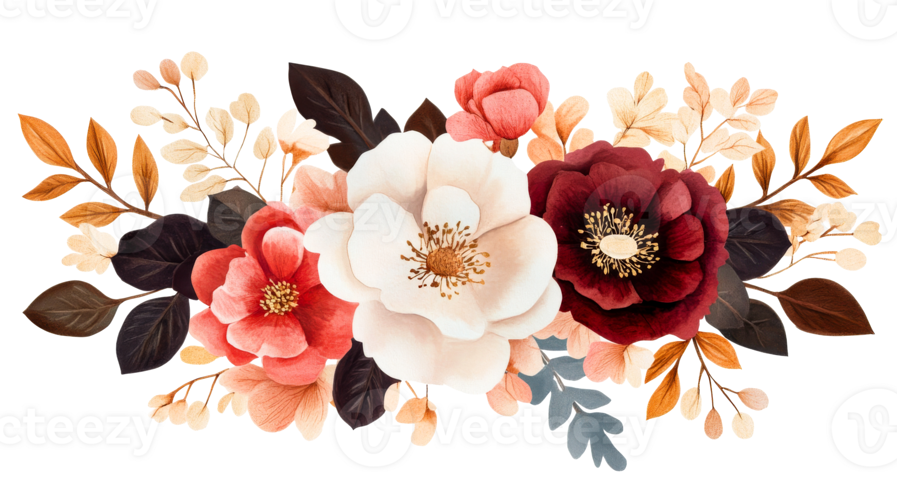 Elegant floral arrangement with vibrant blooms and leaves png