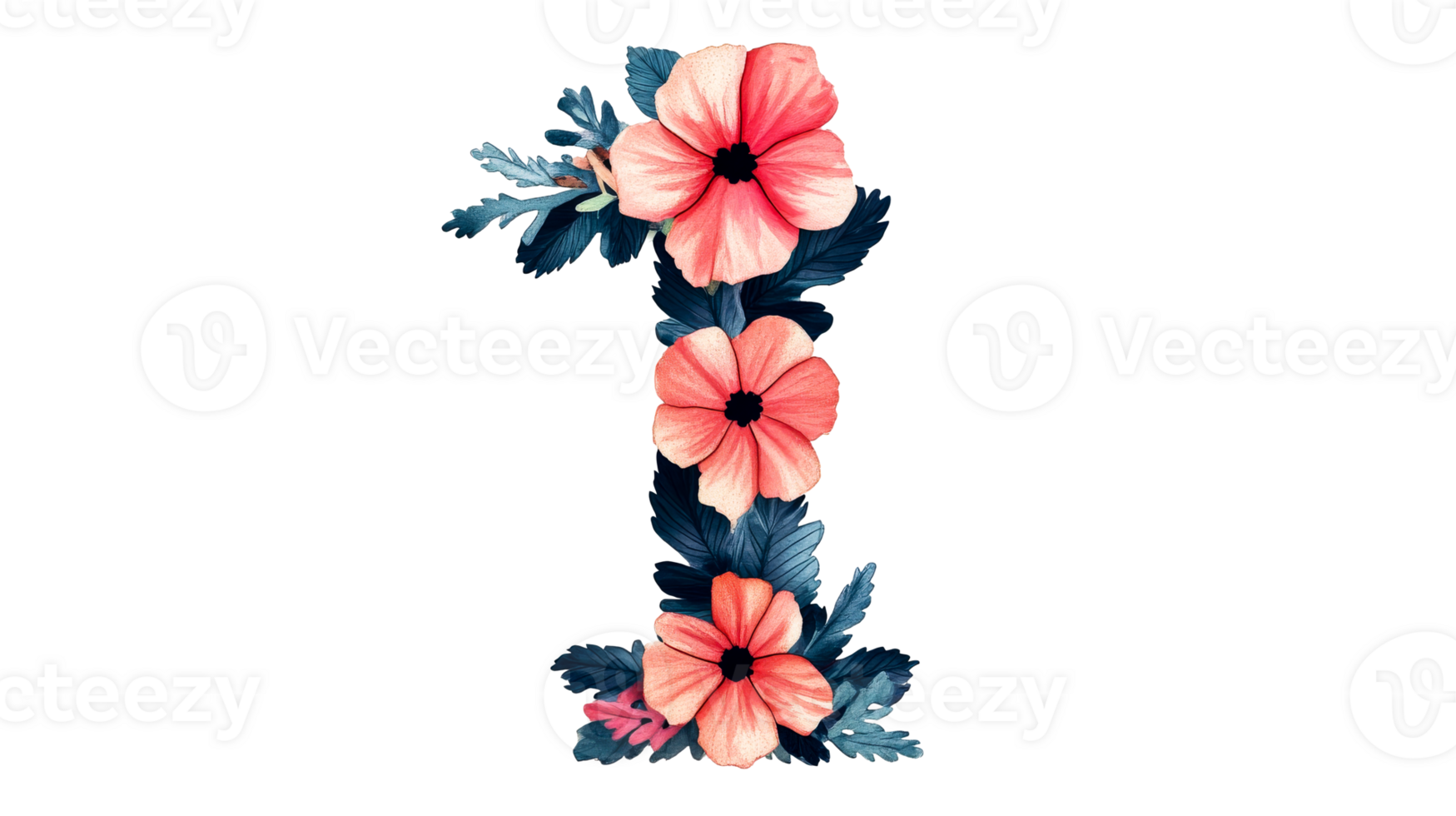 Floral number one design with hibiscus flowers and leaves png