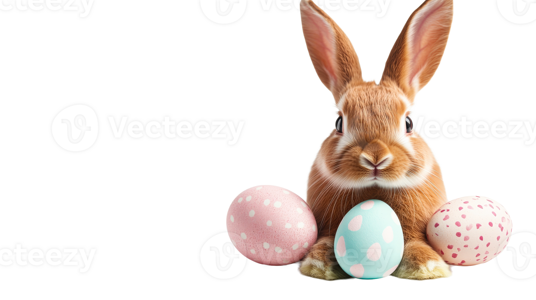 Easter bunny with decorated eggs, holiday theme, cut out transparent png