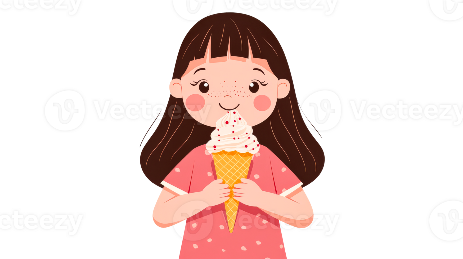 Girl enjoys ice cream cone, isolated on black background, cut out transparent png