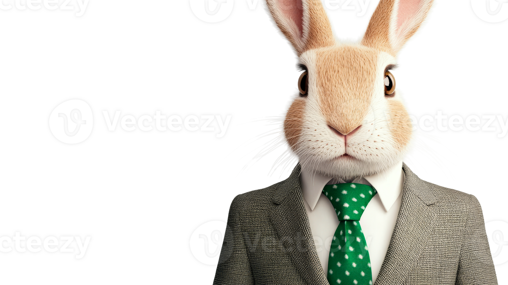 Rabbit dressed in suit and tie with green polka dots, cut out transparent png