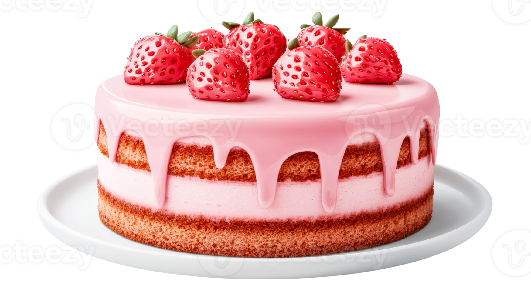 Strawberry Cake with Pink Frosting and Berries, cut out transparent png