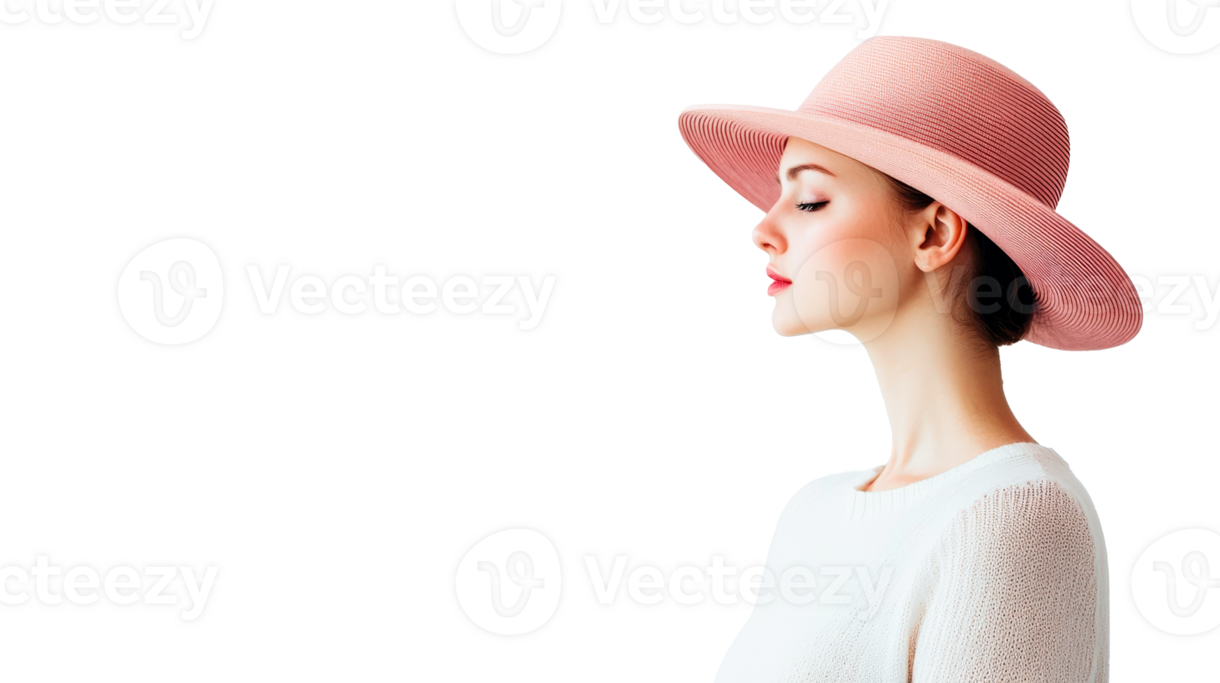 Elegant woman portrait in pink hat with perfect skin, cut out transparent png