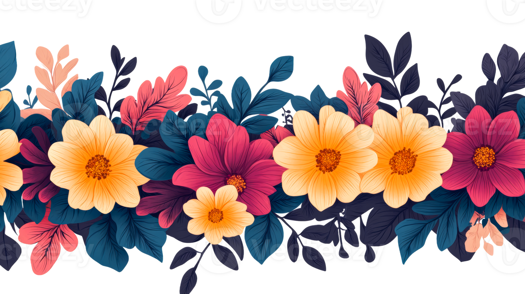 Floral frame with vibrant blossoms and foliage, cut out transparent png