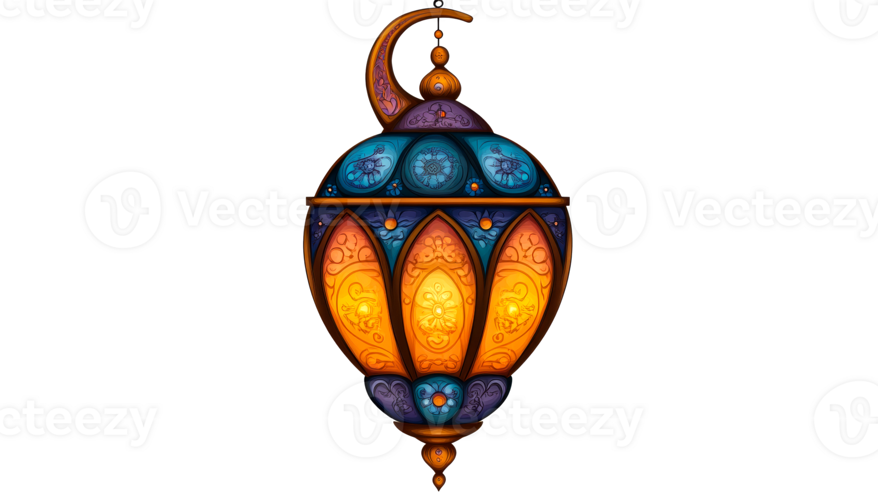 Ornate, glowing lantern with Middle Eastern design elements, cut out transparent png