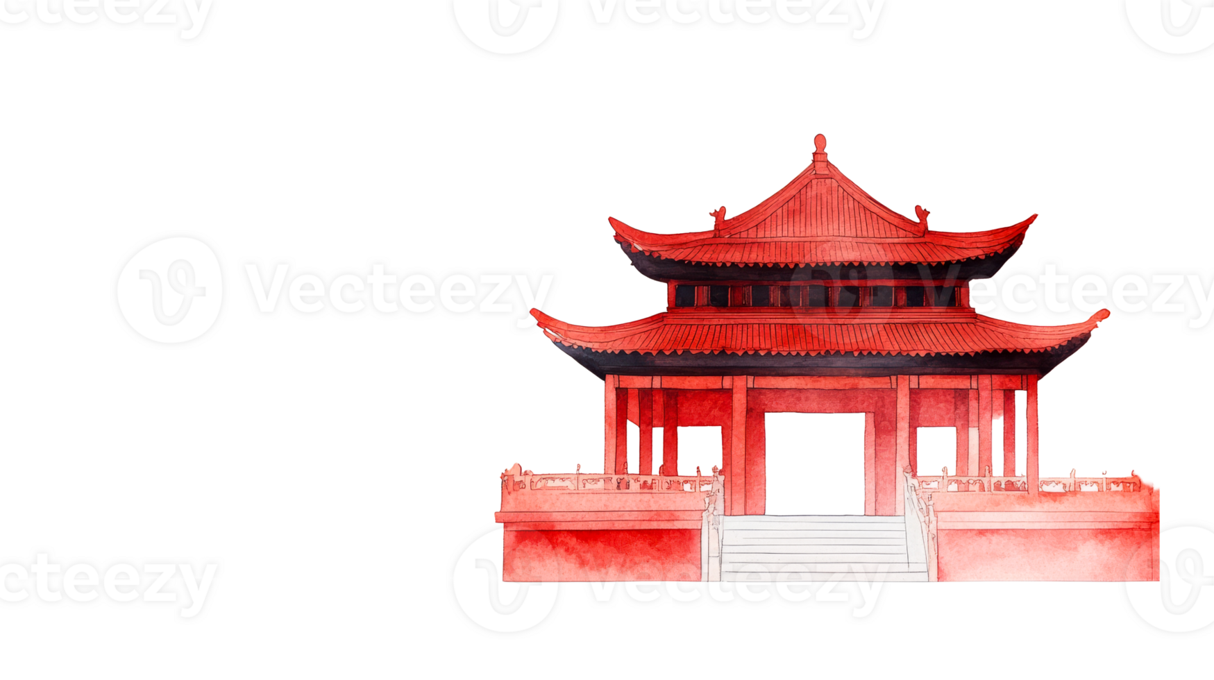 Red pagoda architecture, watercolor drawing, China culture isolated, cut out transparent png