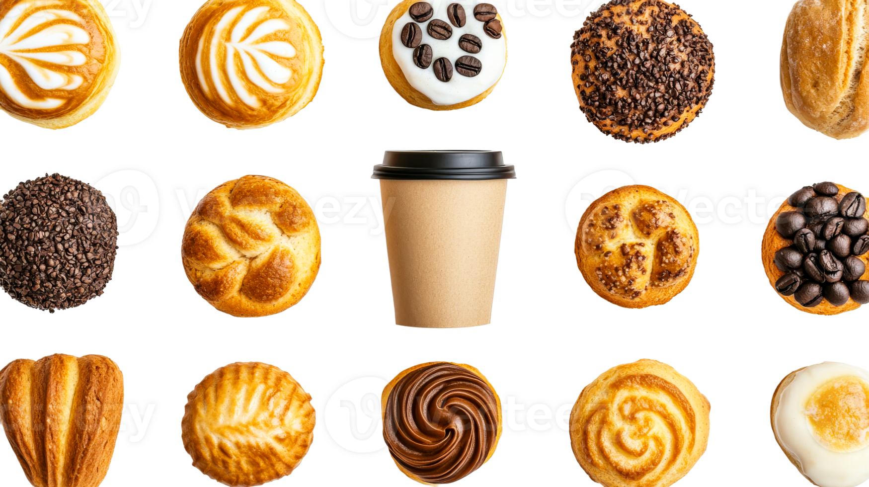 Coffee and pastry assortment isolated on black background, cut out transparent png