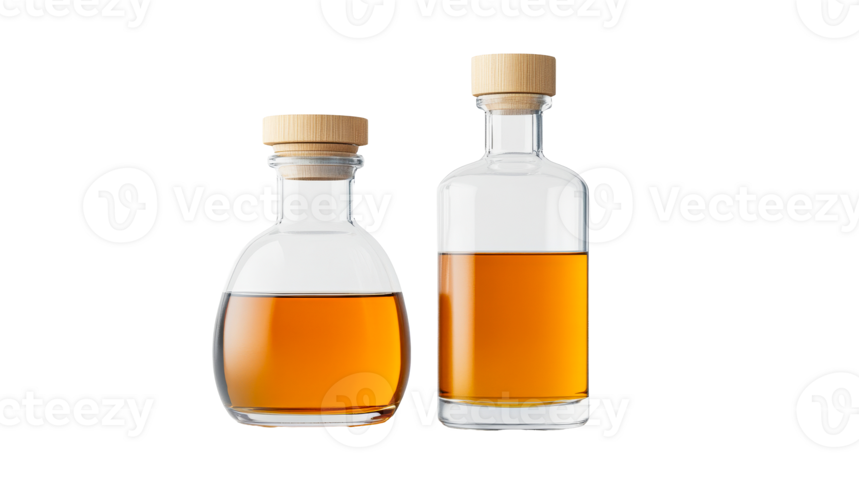 Two stylish bottles with amber liquid, close-up, cut out transparent png