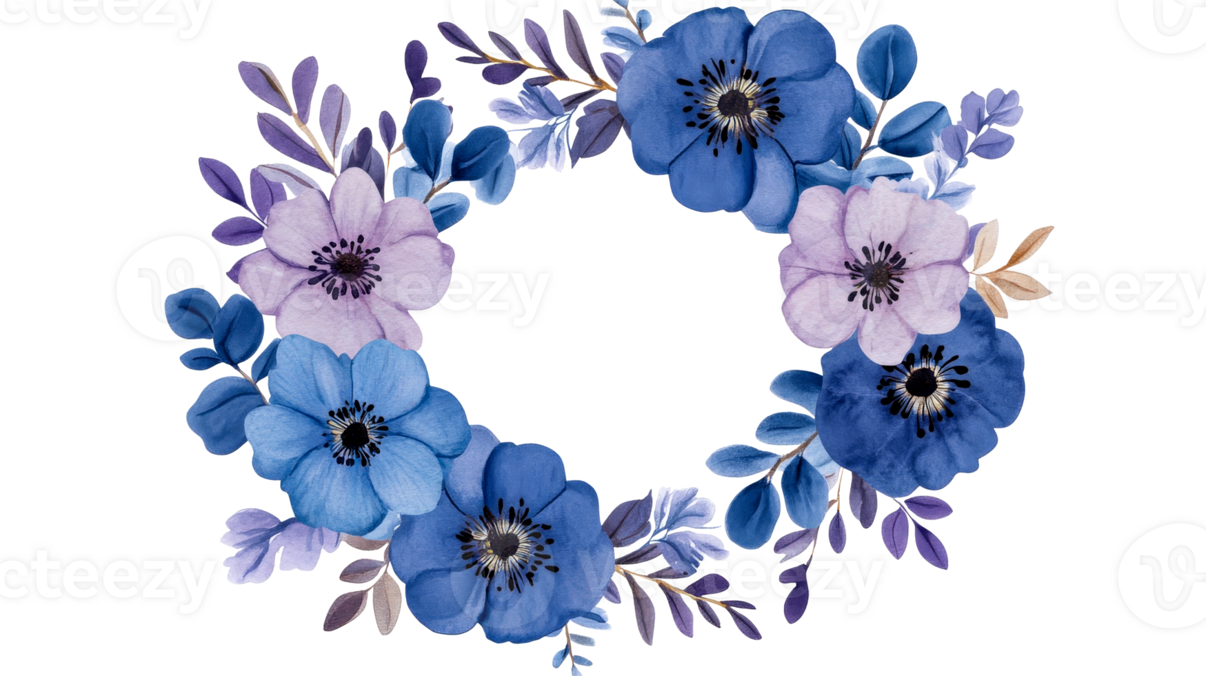 Floral frame with blue, purple blossoms, decoration, cut out transparent png
