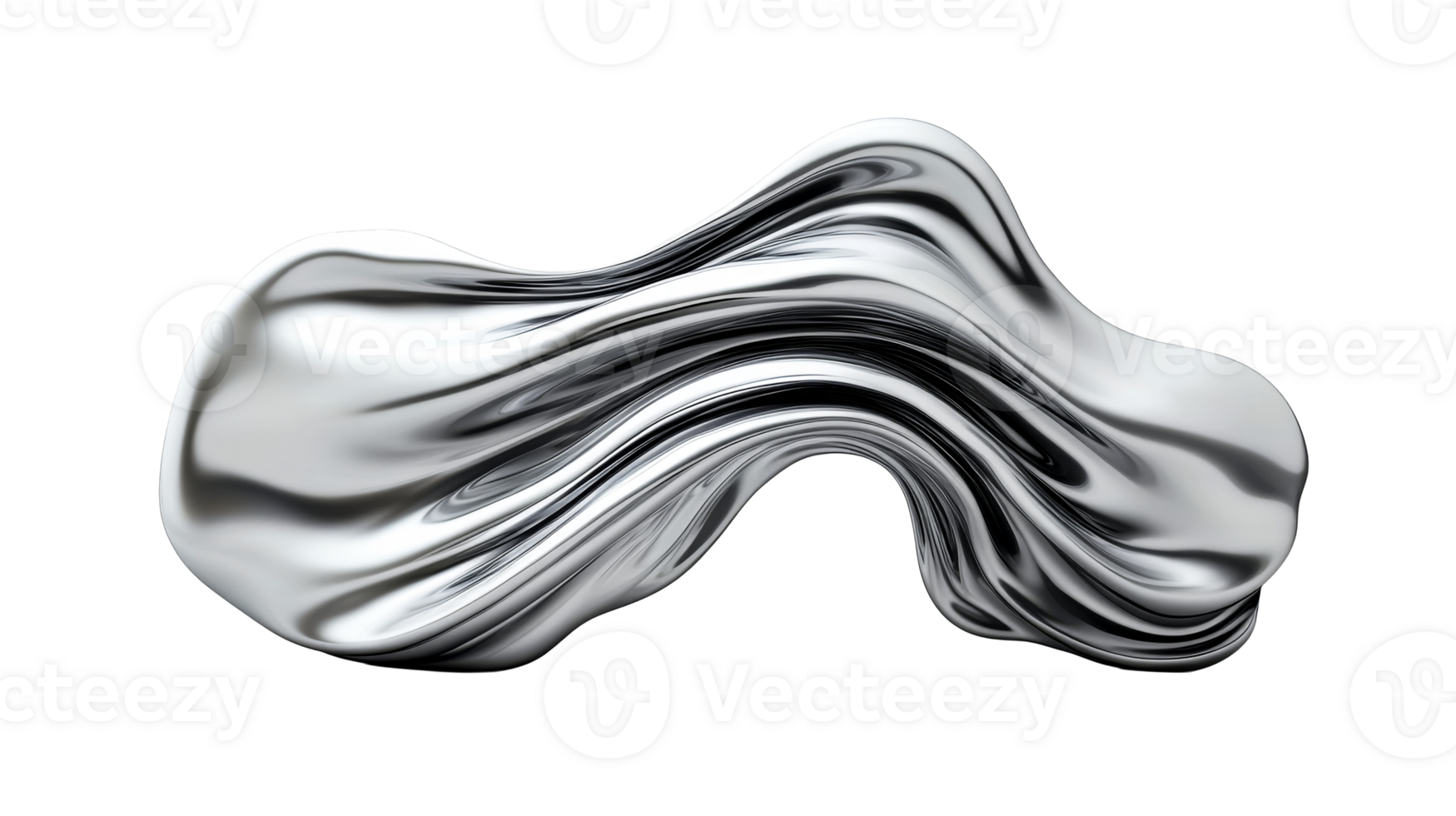 Chrome fluid form, shiny reflective smooth wave surface, cut out transparent png