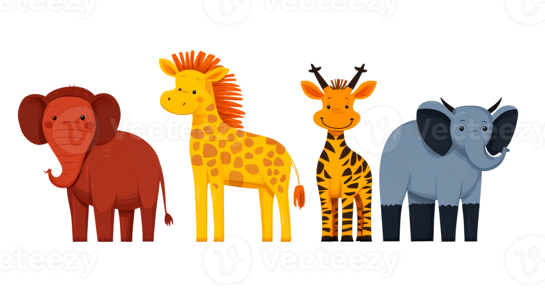 Cartoon animal set with elephant and giraffes on black background, cut out transparent png