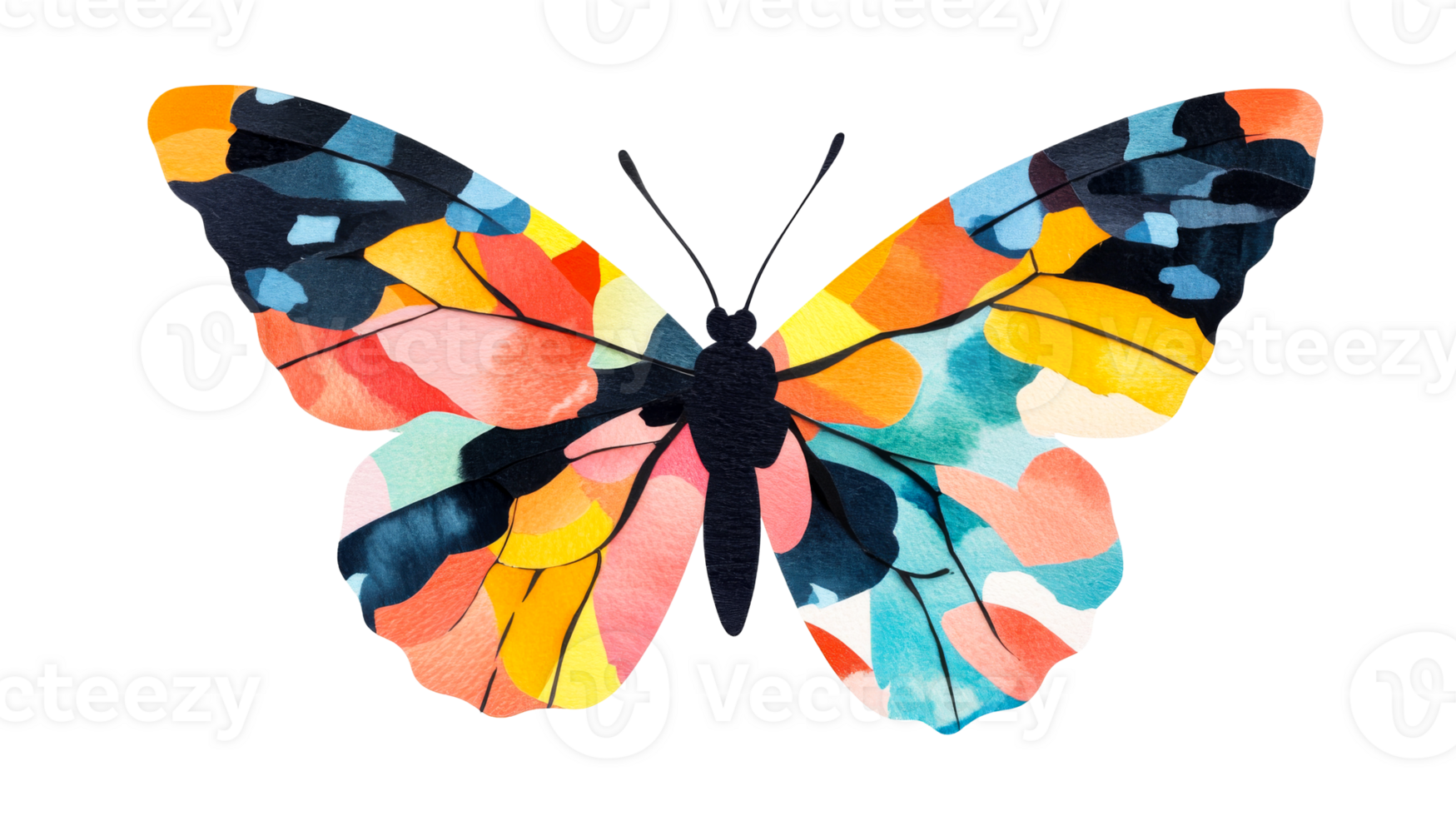Bright watercolor butterfly with abstract patterns, vibrant insect, cut out transparent png