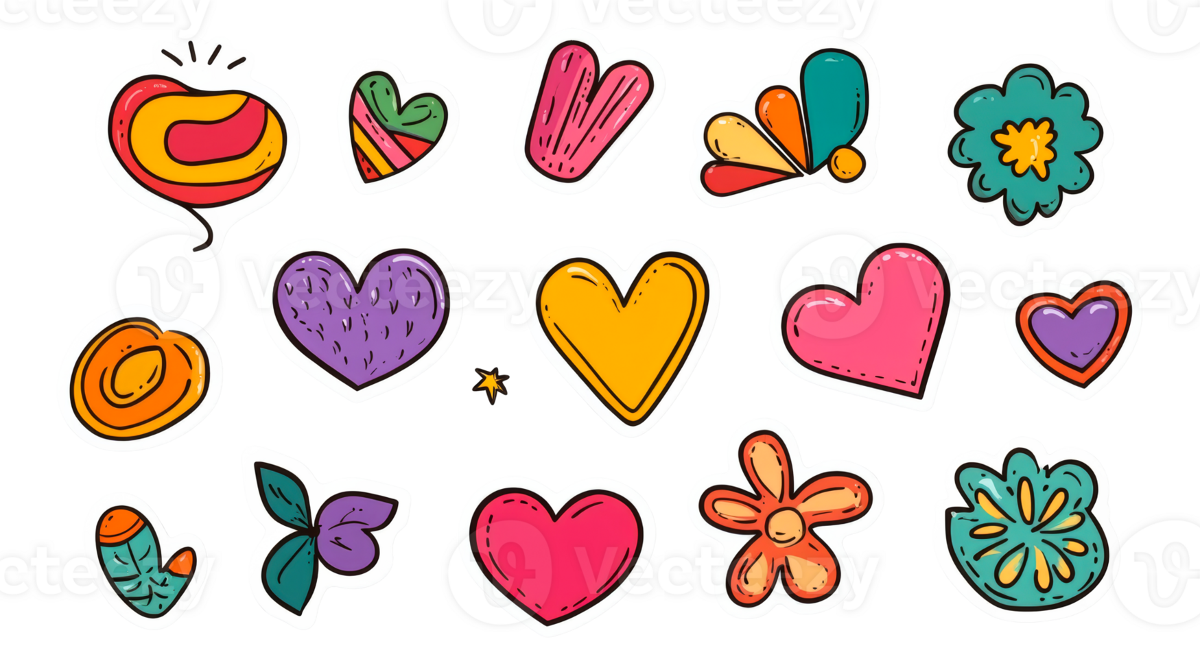 Set of colorful stickers illustration with various images, cut out transparent png