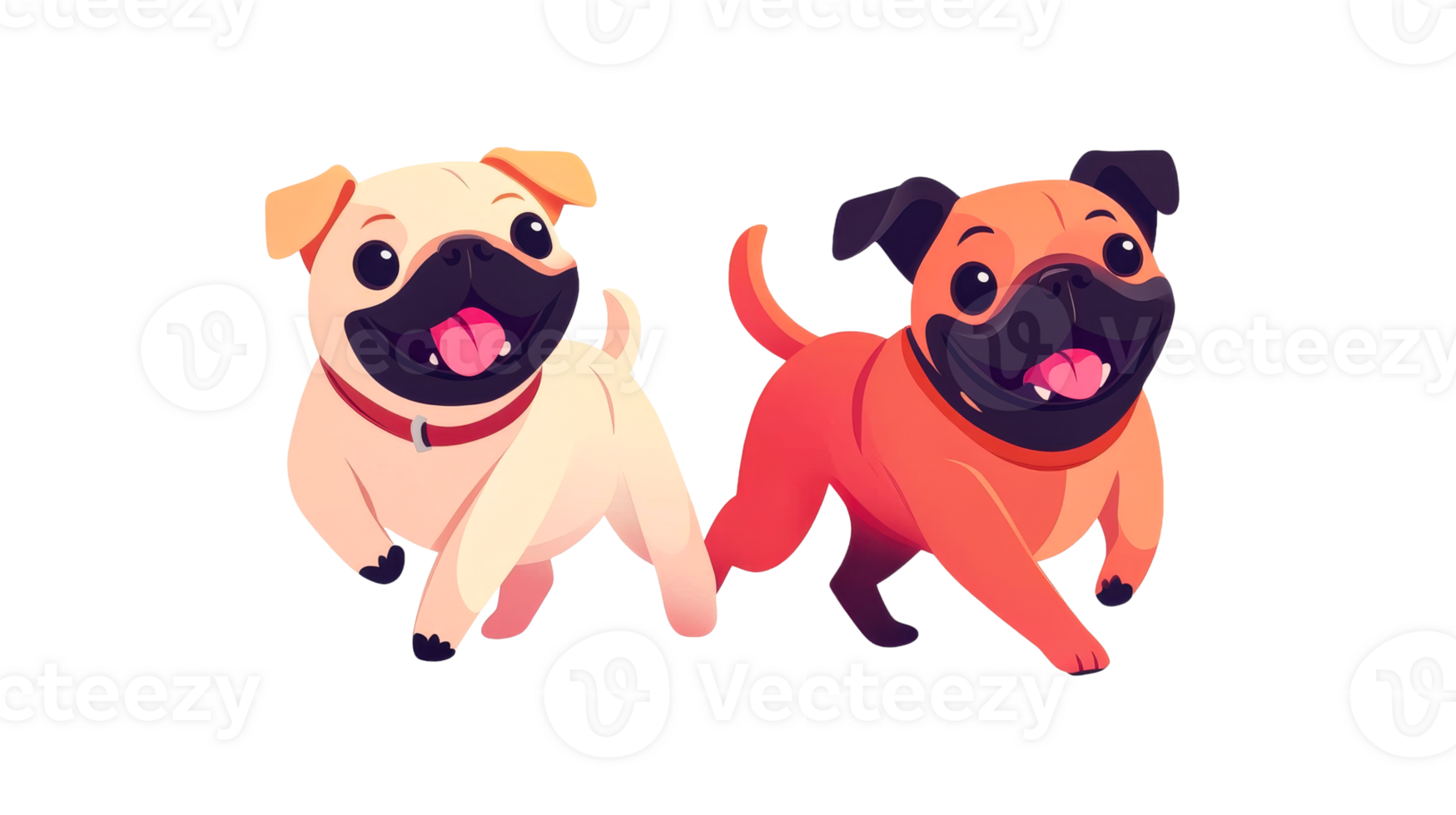 Two happy cute cartoon puppies running together, smiling , cut out transparent png