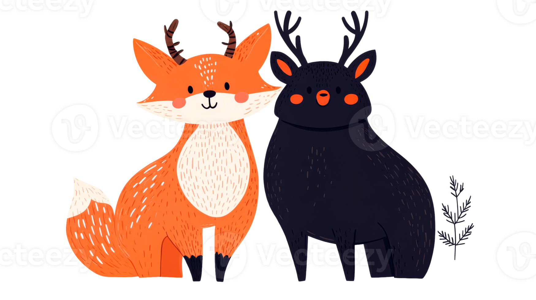 Whimsical fox and black bear illustration, wildlife friends together, cut out transparent png