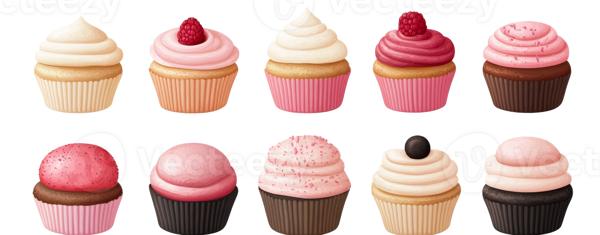 Delicious cupcakes assortment isolated on white, food design, cut out transparent png