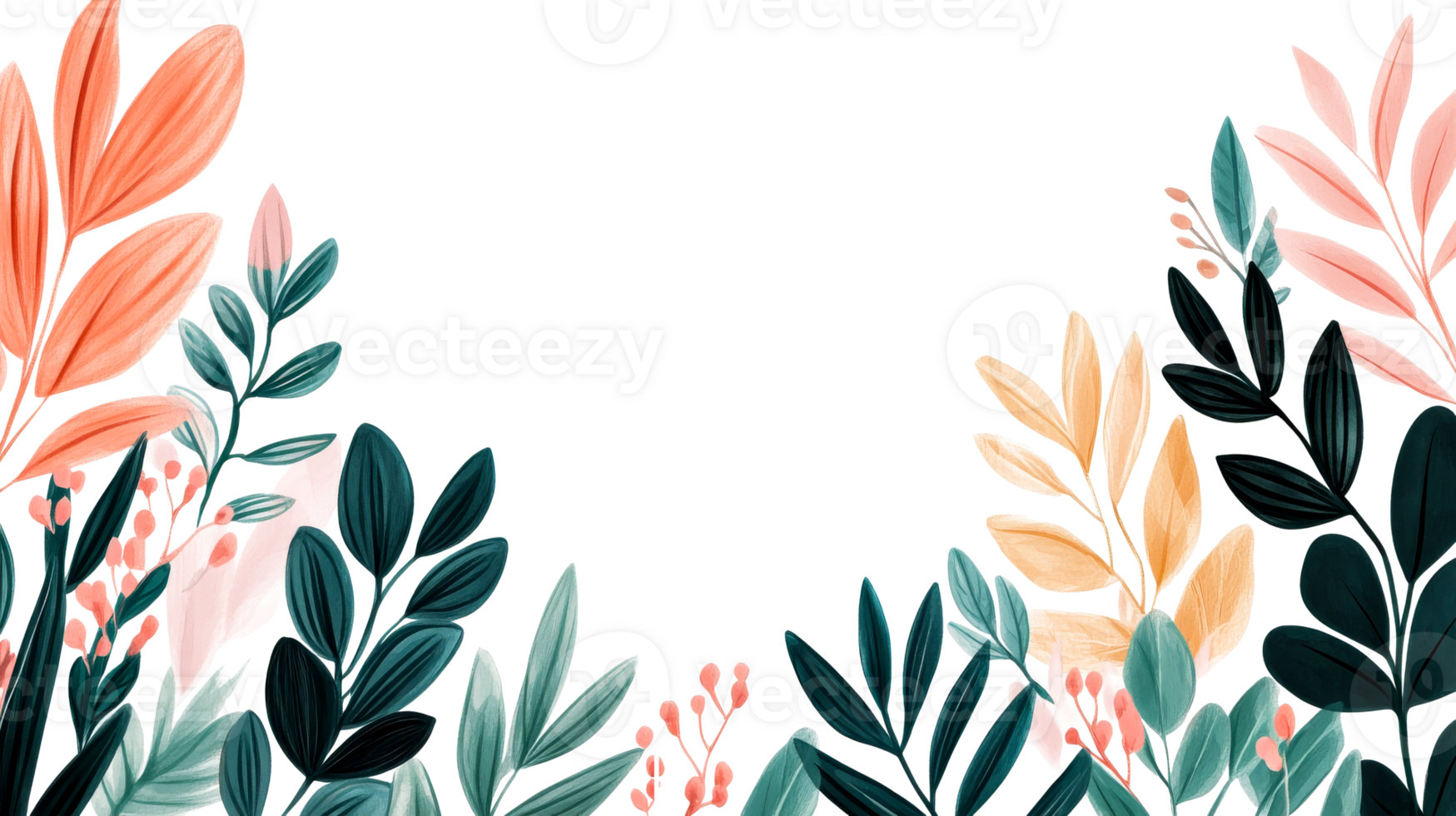 Botanical illustration featuring diverse foliage, elegant framing effect, cut out transparent png