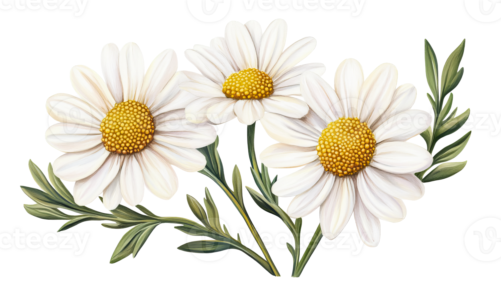 Daisies flowers with leaves, delicate botanical illustration, cut out transparent png