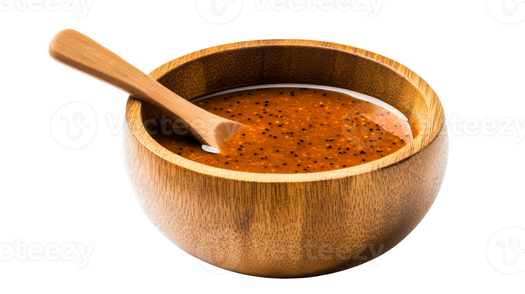 Tasty dressing in wooden bowl with spoon, cut out transparent png