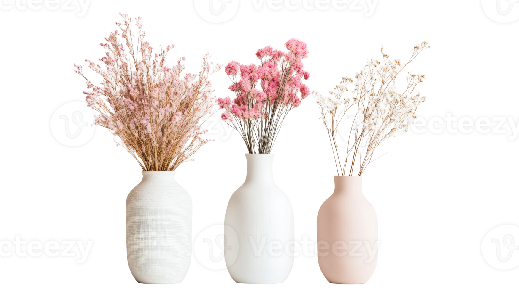 Three decorative vases with dried flowers on a black background, cut out transparent png