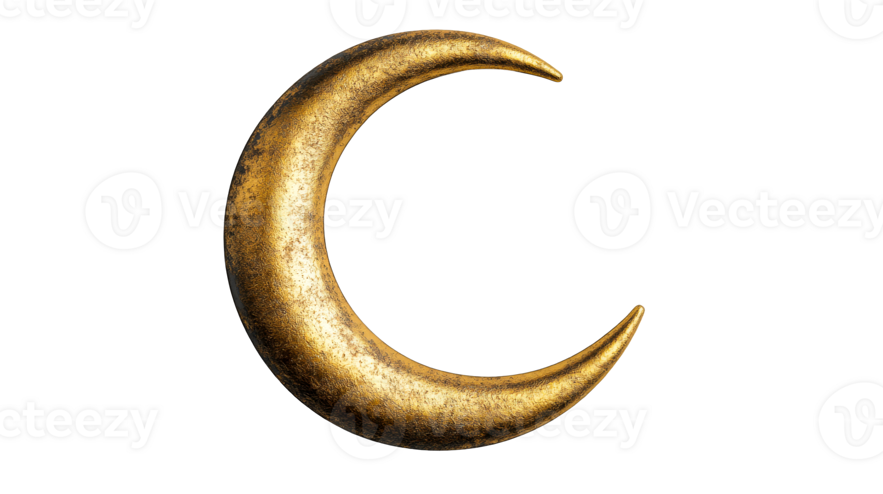 Golden crescent moon, isolated celestial body rendering, cut out transparent png