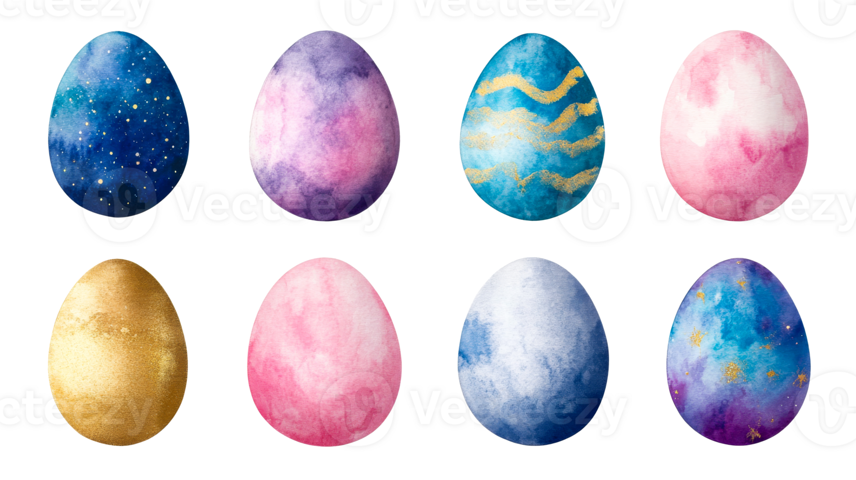 Watercolor Easter eggs with a space and golden patterns, cut out transparent png