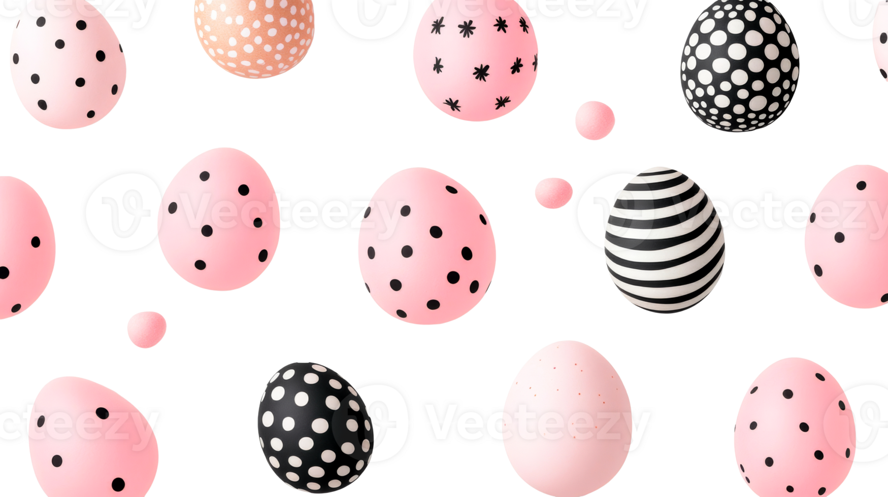 Easter eggs with various patterns on a black background, cut out transparent png